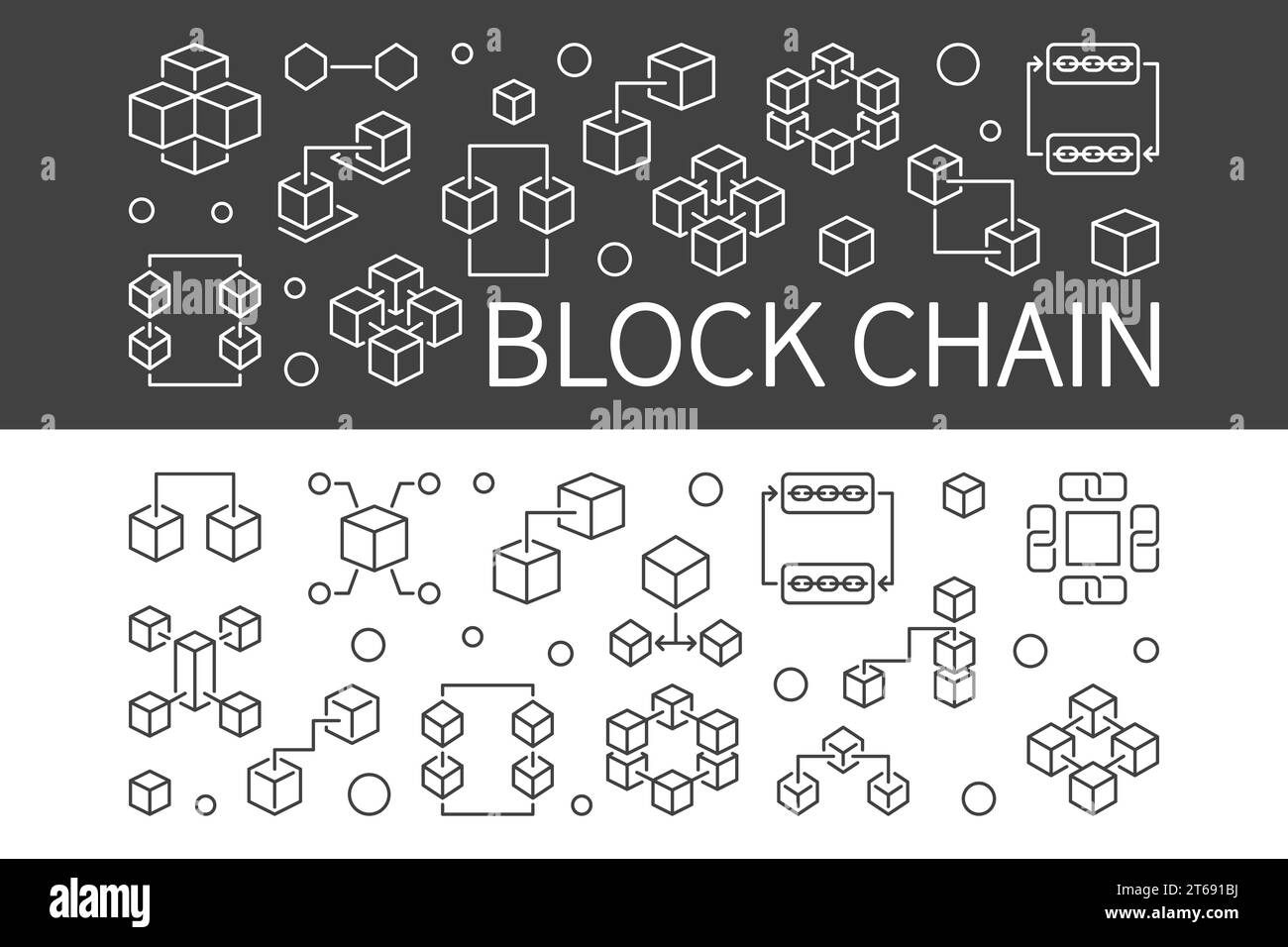 Block Chain vector concept banners set. Blockchain illustration in thin line style Stock Vector