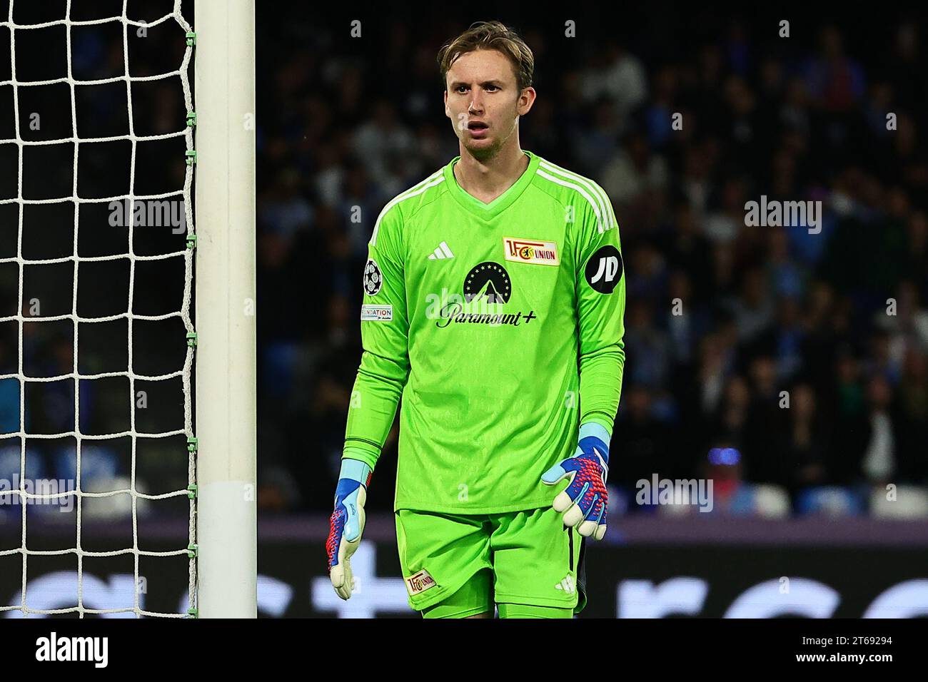 Frederik Ronnow of FC Union Berlin during the Champions League Group C football match between SSC Napoli and FC Union Berlin at Diego Armando Maradona stadium in Naples (Italy), November 8th, 2023. Stock Photo