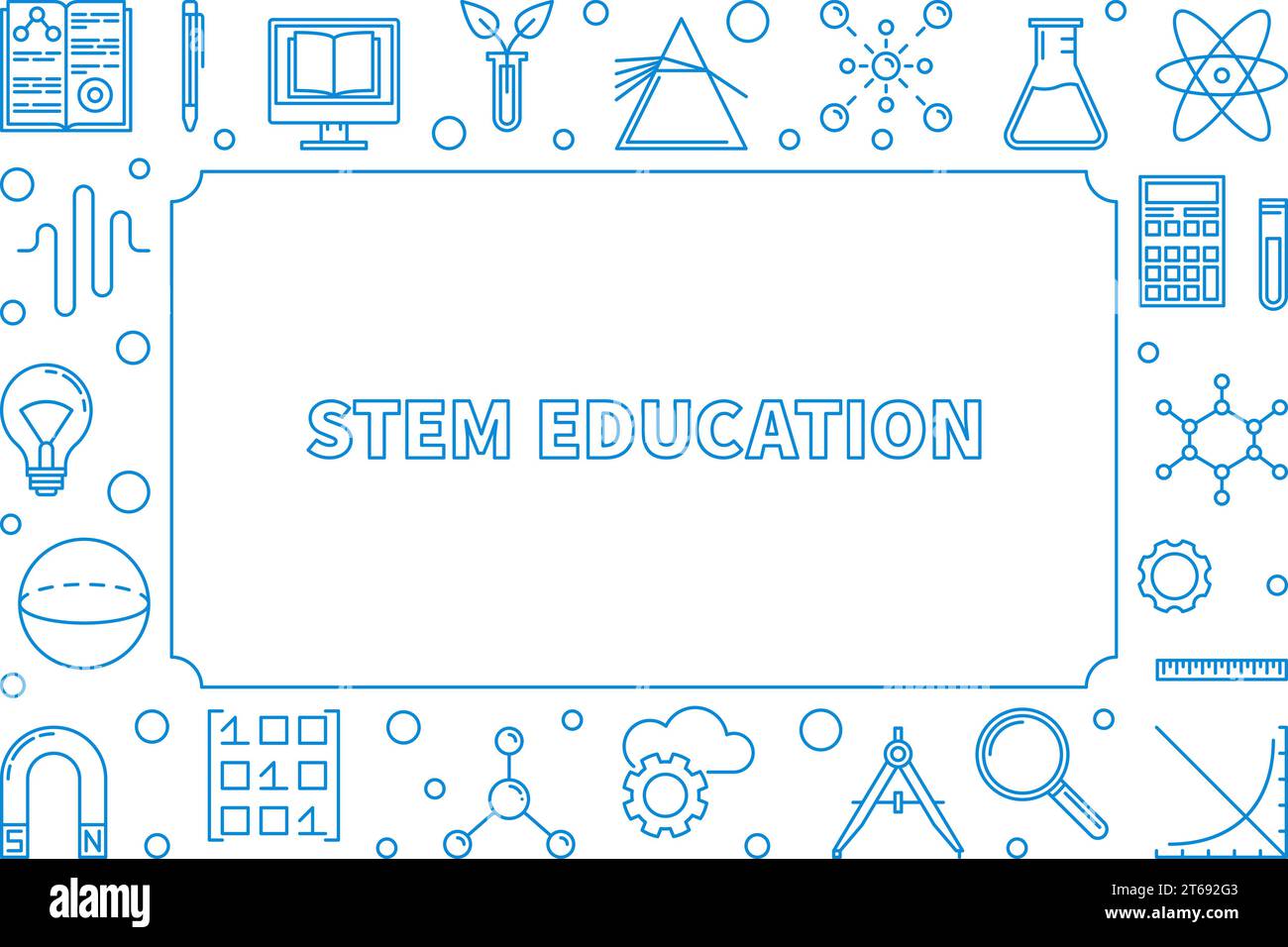 STEM blue horizontal frame with empty space for text. Vector science concept outline illustration or background Stock Vector