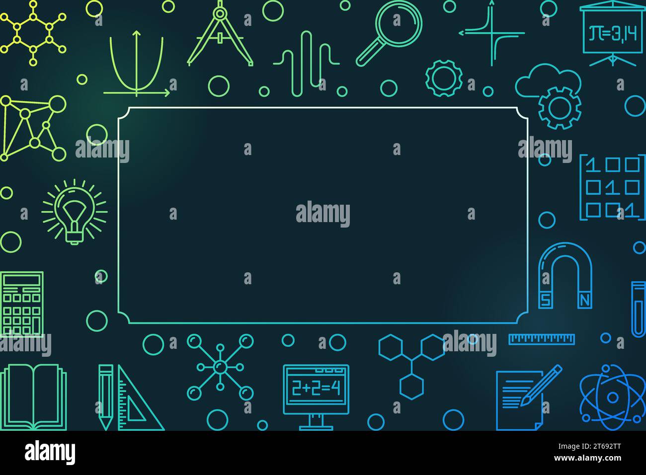 STEM colored horizontal frame with empty space for text. Vector education concept outline illustration on dark background Stock Vector