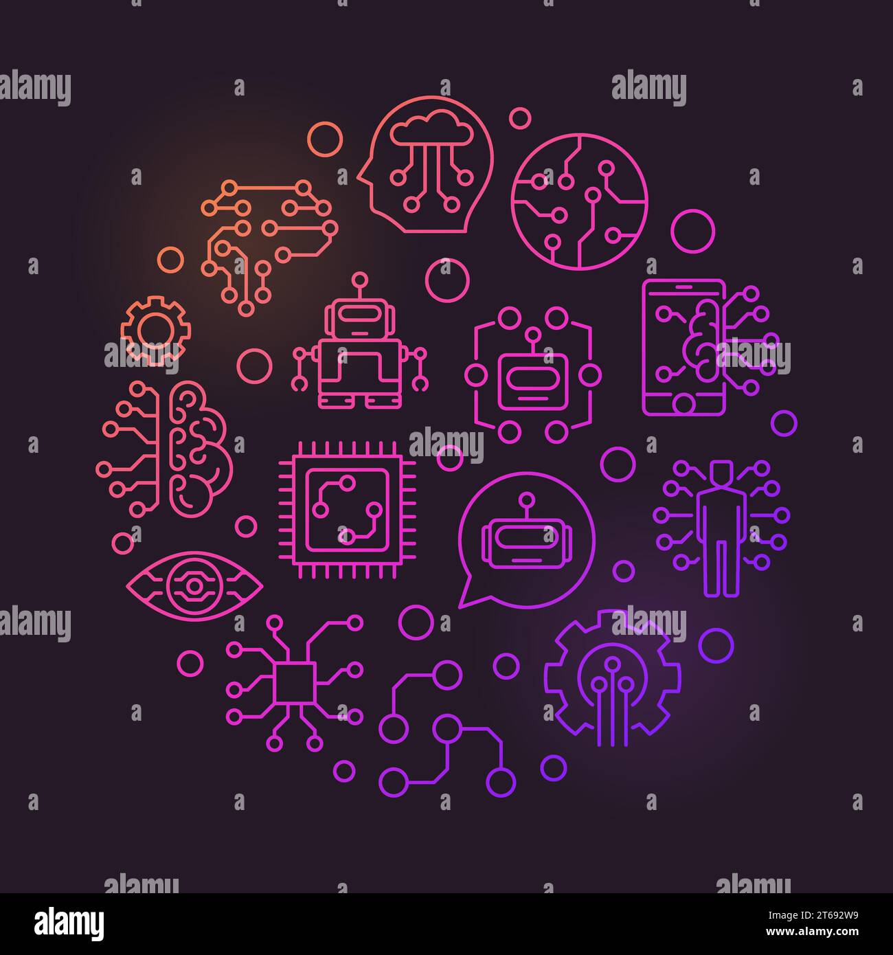 Future round vector creative illustration in thin line style. Machine learning, AI and innovation circular symbol on dark background Stock Vector