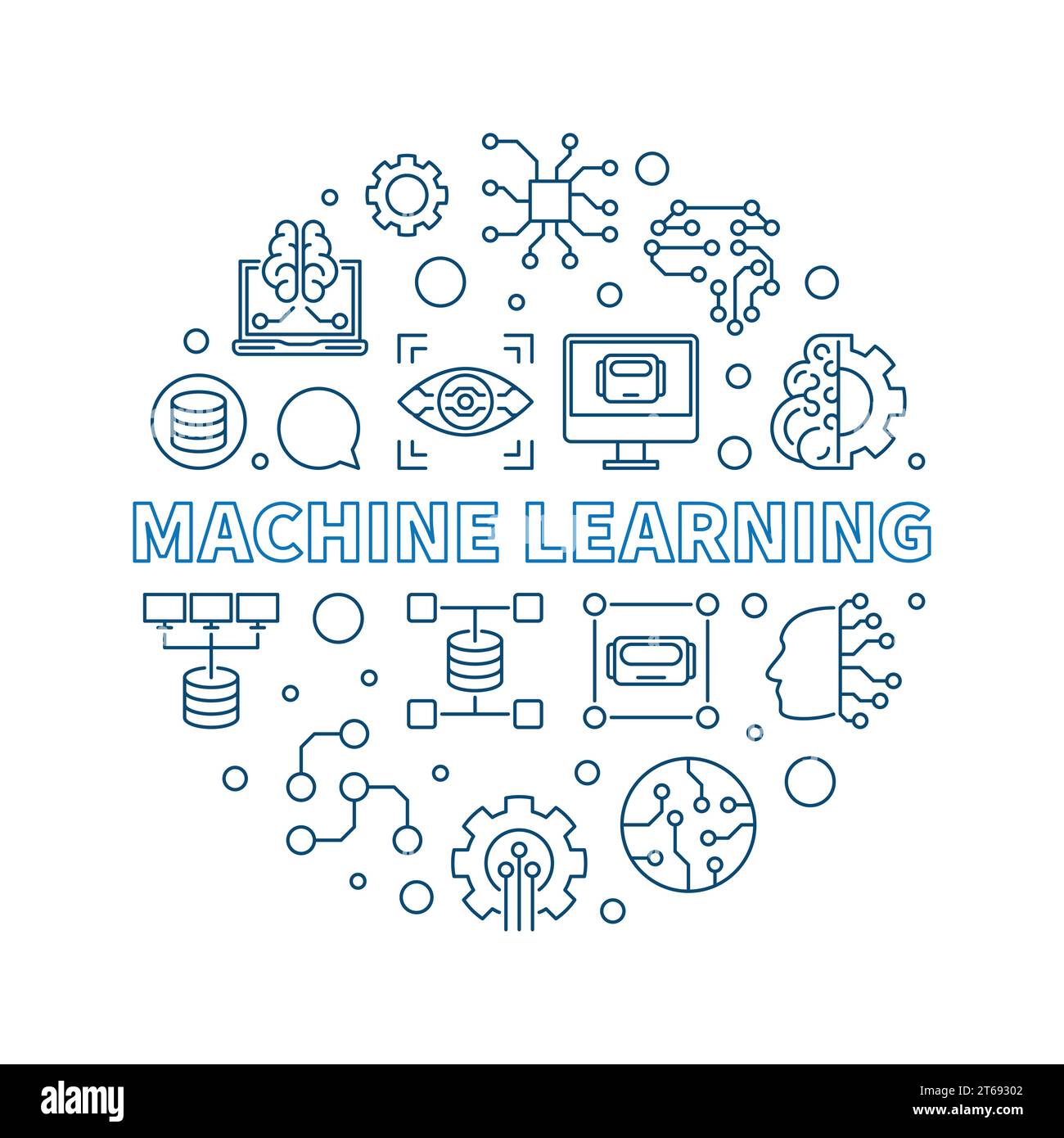 Machine Learning concept vector blue round line illustration or banner ...