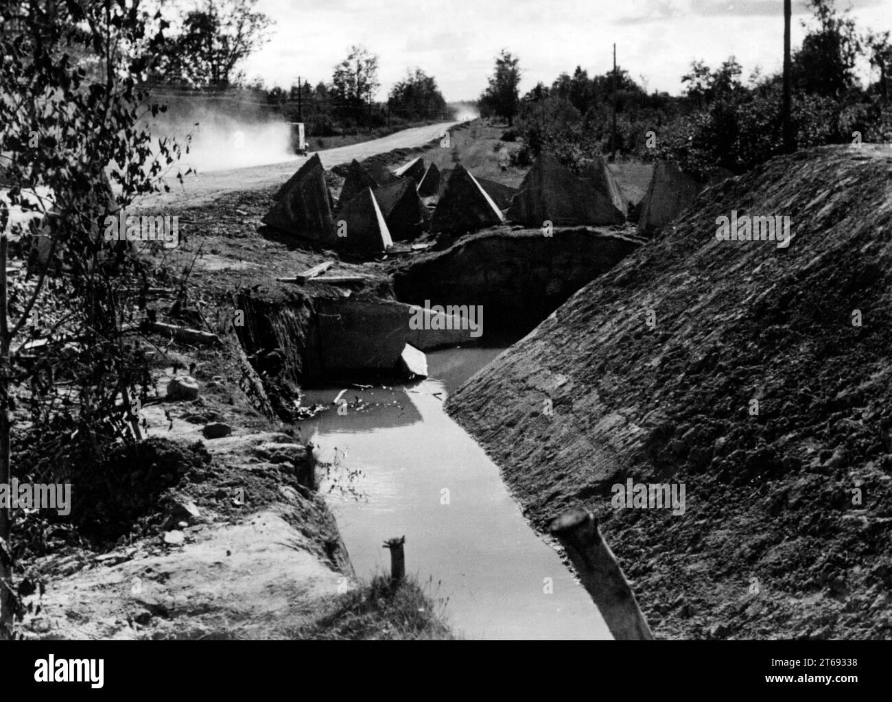 Concrete tank ditch and dragon's teeth in a captured Russian position