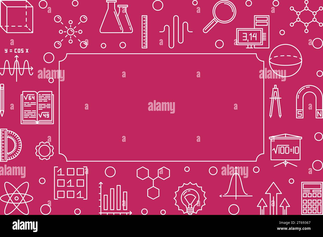 STEM learning horizontal frame with red background. Vector concept science illustration or background in thin line style Stock Vector