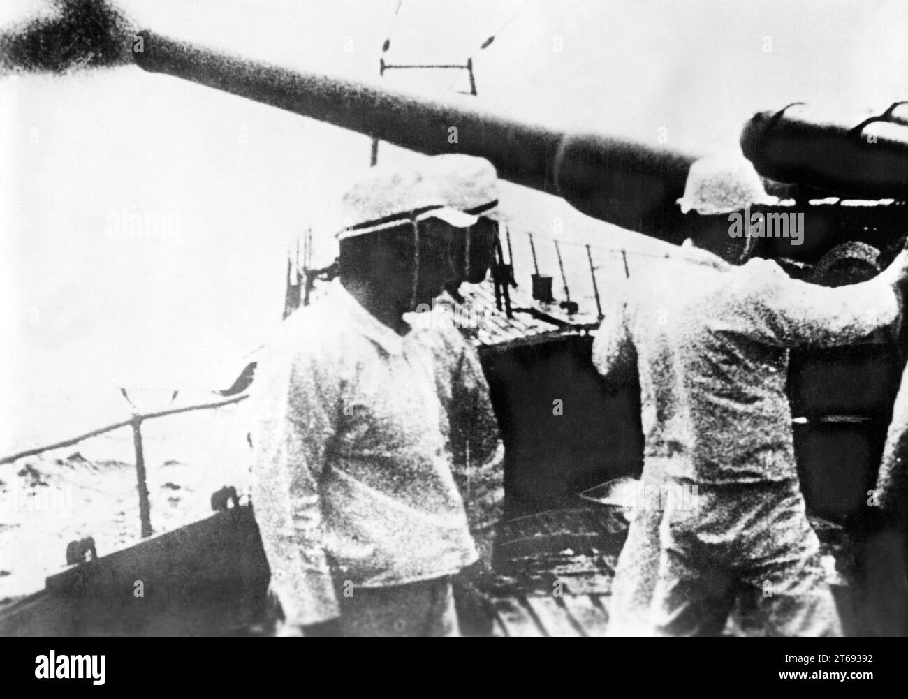 A Japanese submarine fights enemy targets with its on-board gun. Undated photograph. [automated translation] Stock Photo