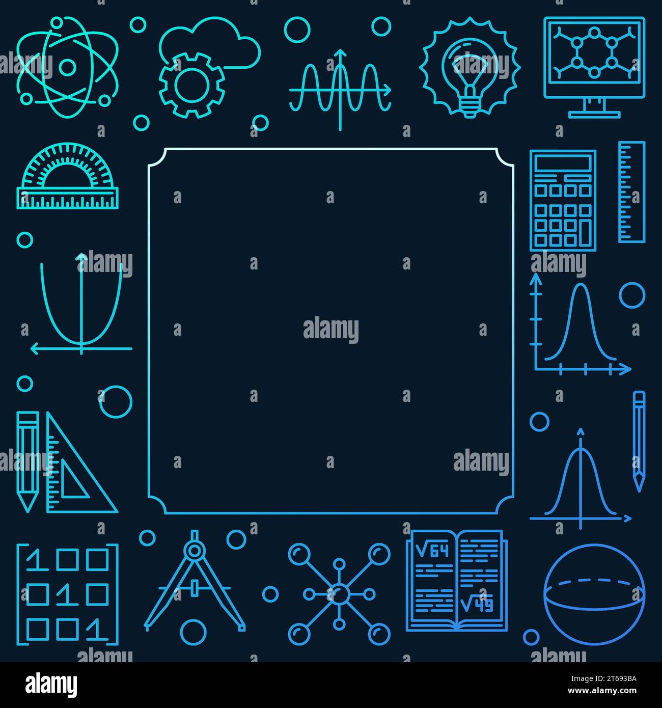Science, technology, engineering and math blue square frame. Vector STEM concept illustration on dark background Stock Vector