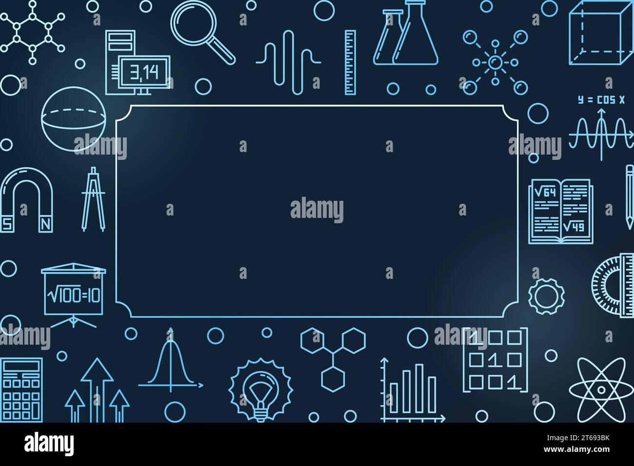 STEM learning blue modern horizontal frame. Vector science concept illustration in thin line style on dark background Stock Vector