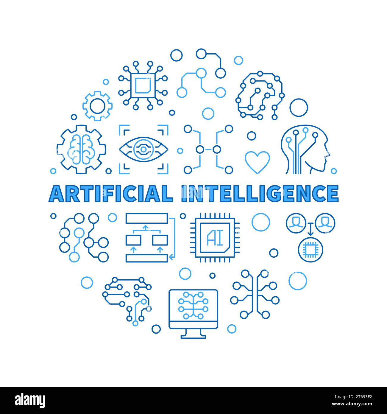 Artificial Intelligence concept vector blue outline round illustration ...