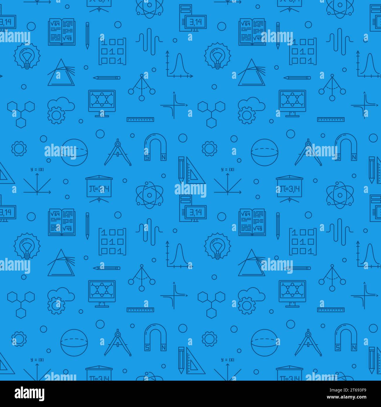 Stem learning blue vector seamless pattern in outline style Stock Vector