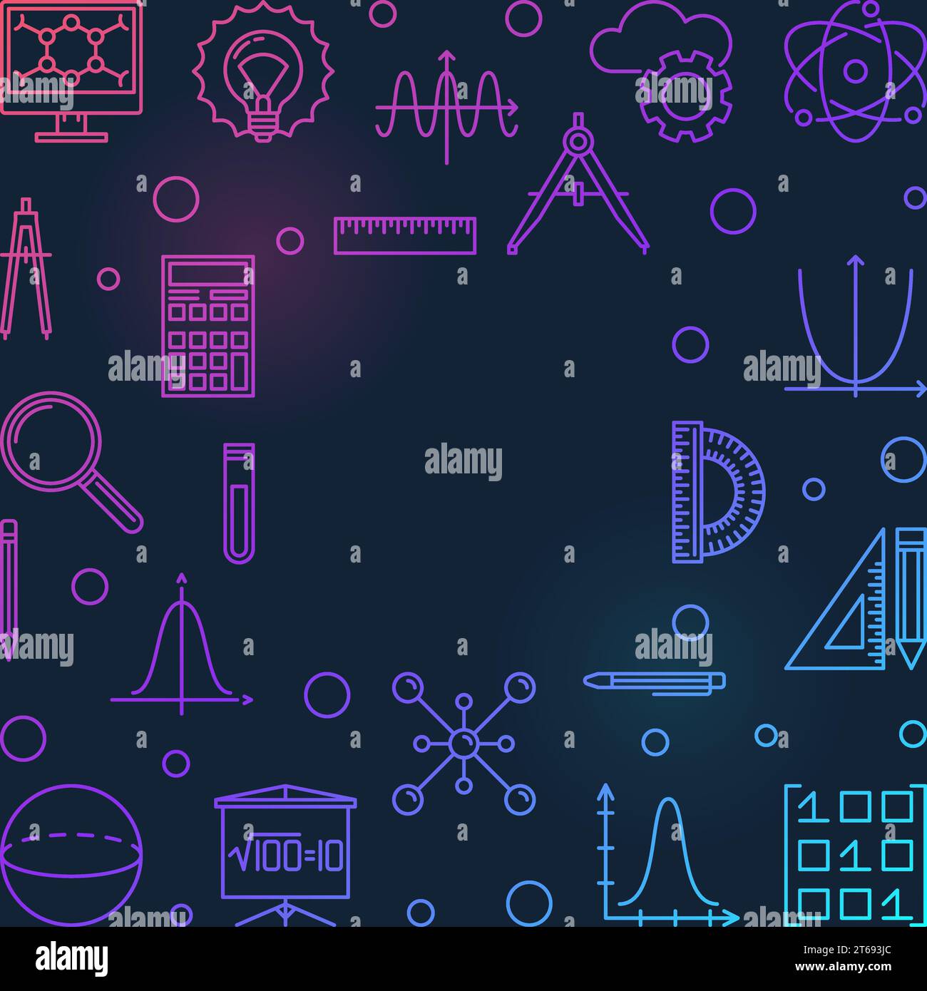 STEM square colored frame - vector education concept outline illustration on dark background Stock Vector