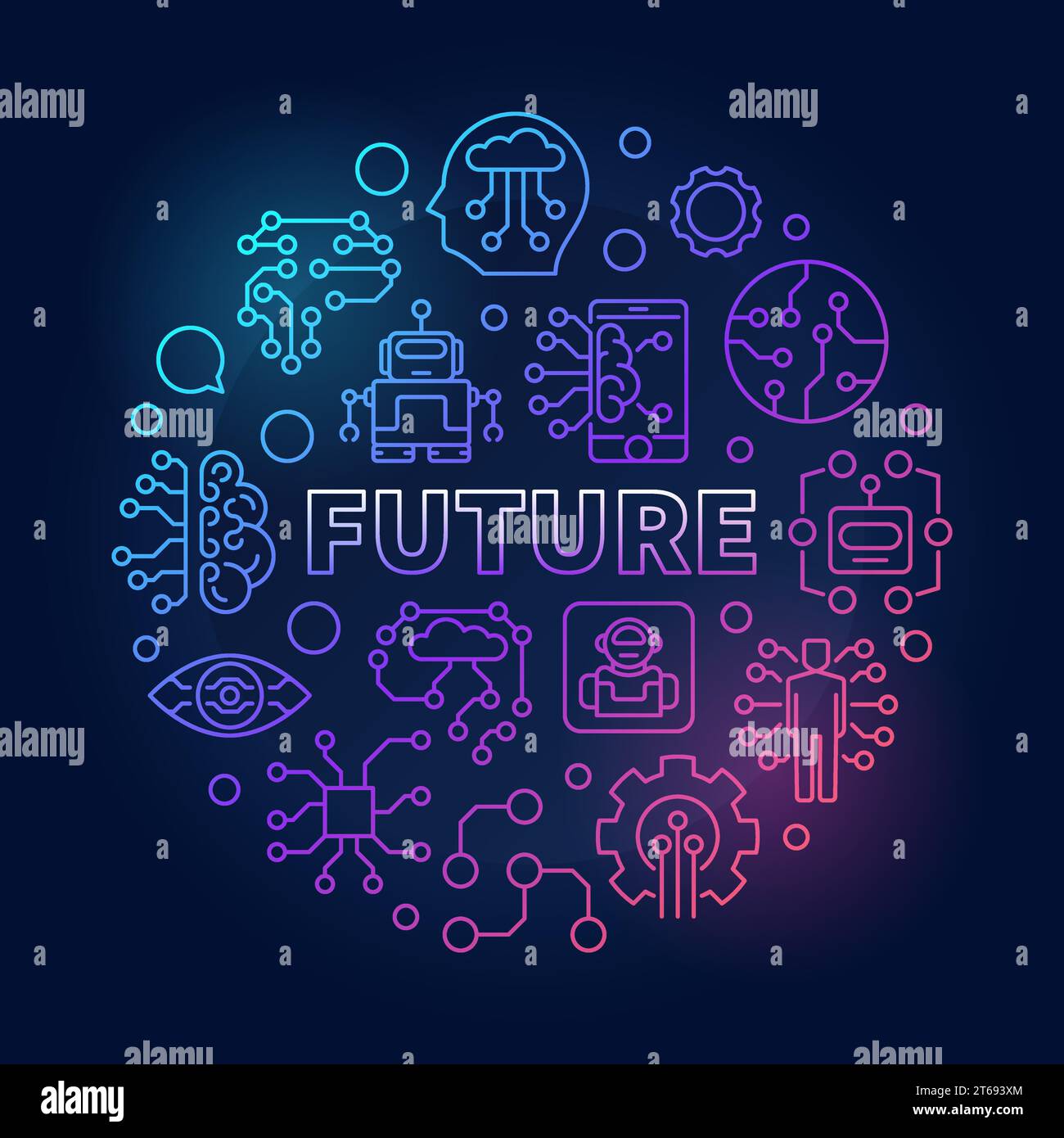 Future round vector colored illustration in thin line style. AI and Innovation concept circular linear symbol on dark background Stock Vector