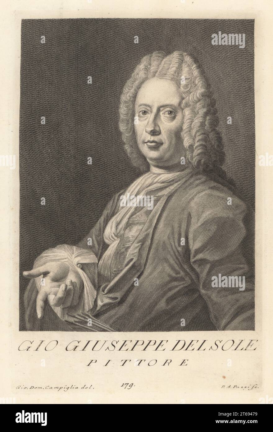 Giovanni Gioseffo dal Sole, Italian painter and engraver from Bologna, 1654-1719. Active in the late-Baroque period. In powdered wig, waistcoat and coat, holding paint brushes. Gio. Giuseppe del Sole, Pittore. Copperplate engraving by Pietro Antonio Pazzi after Giovanni Domenico Campiglia after a self portrait by the artist from Francesco Moucke's Museo Florentino (Museum Florentinum), Serie di Ritratti de Pittori (Series of Portraits of Painters) stamperia Mouckiana, Florence, 1752-62. Stock Photo