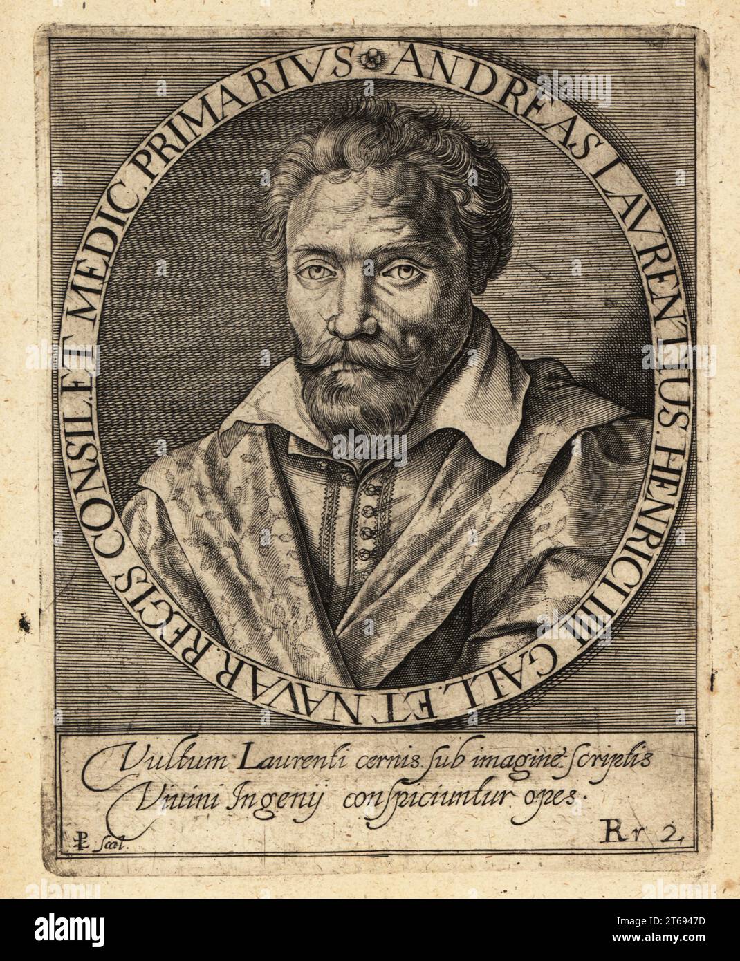Andre du Laurens, French physician to King Henry IV, 1558-1609. Andreas Lavrentius, Henrici IIII Gall et Navar Regis Consilet Medicus Primarius. Copperplate engraving by Johann Theodore de Bry from Jean-Jacques Boissards Bibliotheca Chalcographica, Johann Ammonius, Frankfurt, 1650. Stock Photo