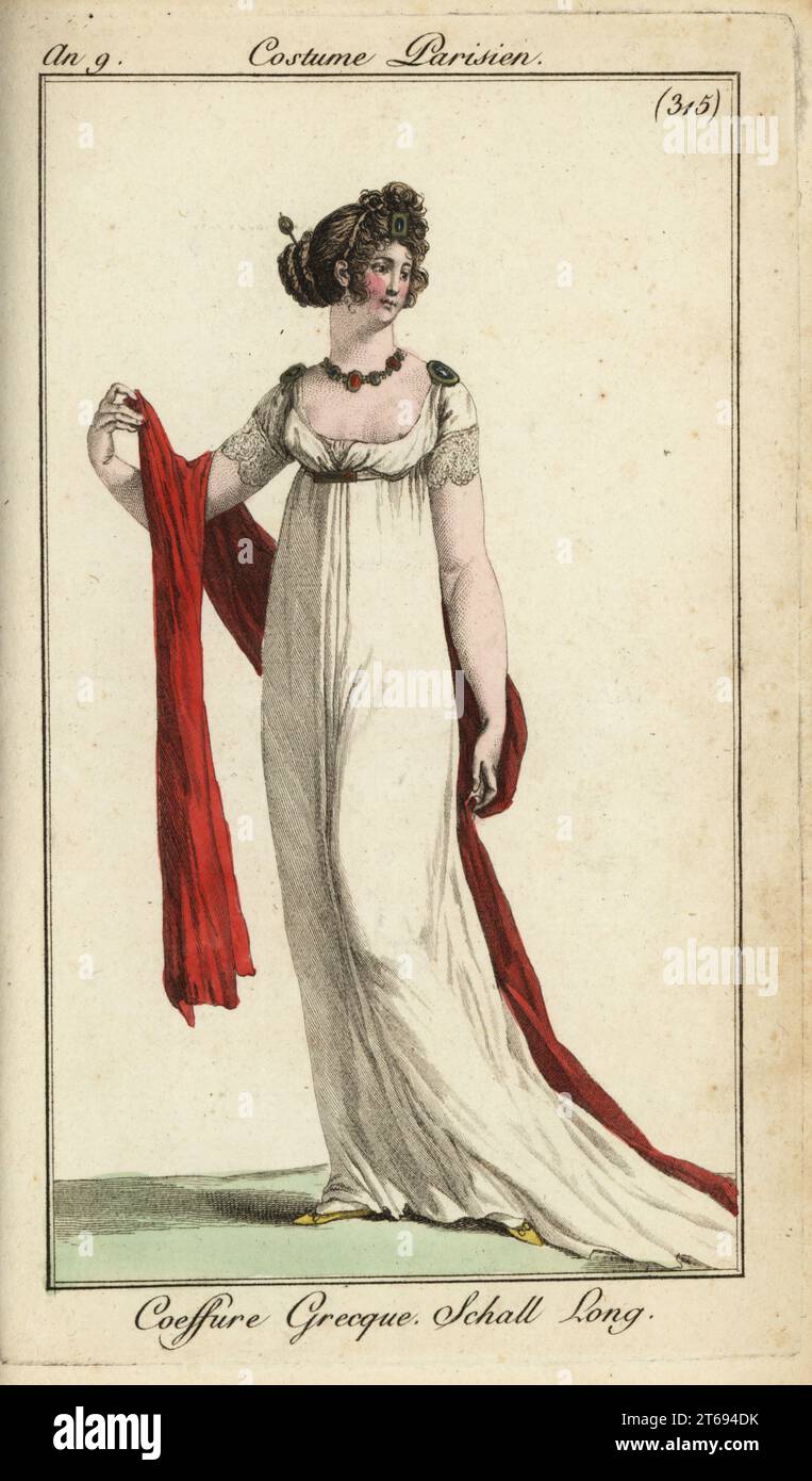 Fashionable woman or Merveilleuse in ancient Greek hairstyle, 1801. Her hair is braided in the ancient style, she wears a low-cut, bosom revealing dress with short lace sleeves, and a very long shawl. Coeffure Grecque. Schall Long. Stock Photo