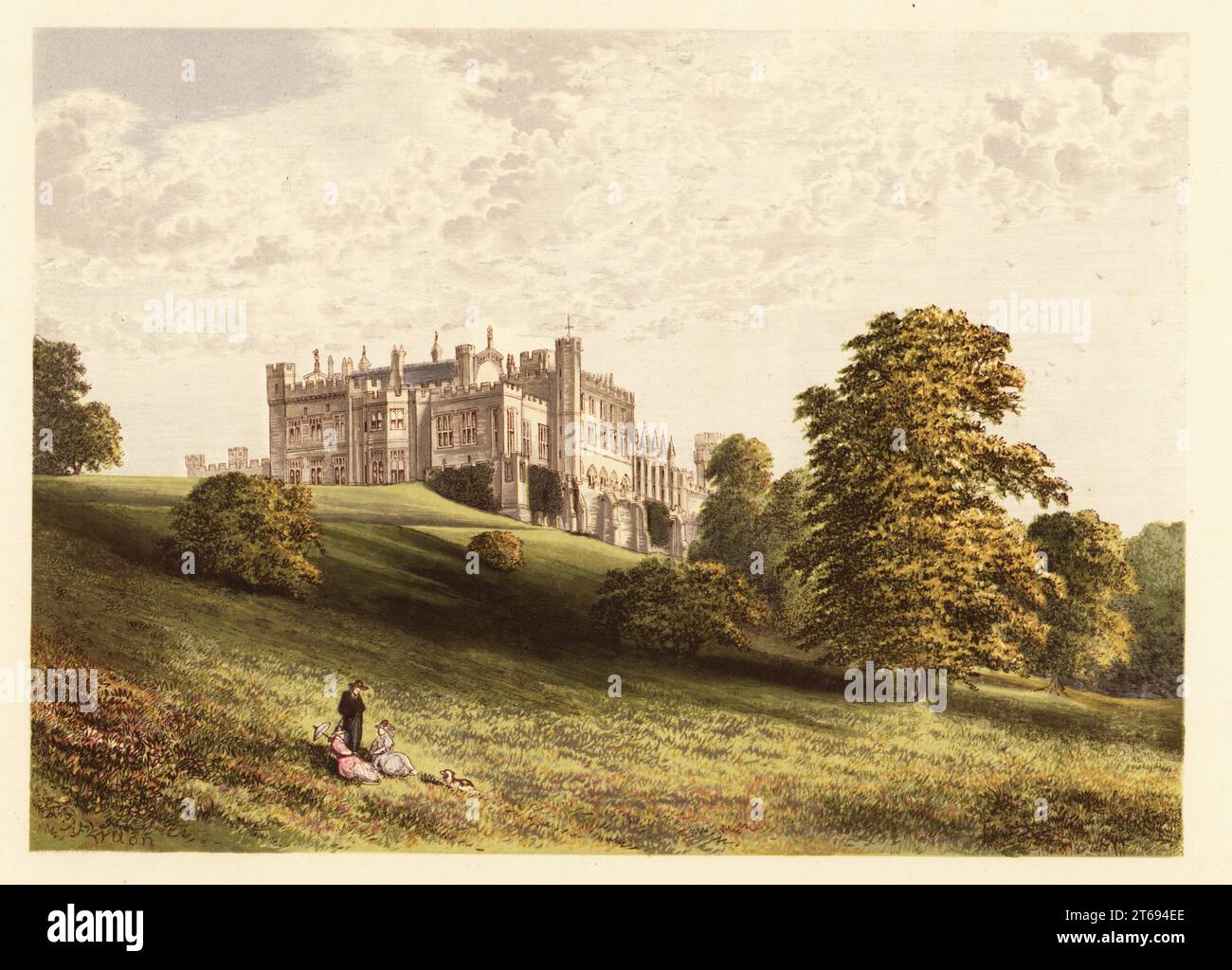 Lambton Castle., County Durham, England. Stately home in the style of a Norman castle built by architect Joseph Bonomi and his son Ignatius Bonomi between 1820 and 1828 for John Lambton, 1st Earl of Durham. Colour woodblock by Benjamin Fawcett in the Baxter process of an illustration by Alexander Francis Lydon from Reverend Francis Orpen Morriss Picturesque Views of the Seats of Noblemen and Gentlemen of Great Britain and Ireland, William Mackenzie, London, 1880. Stock Photo