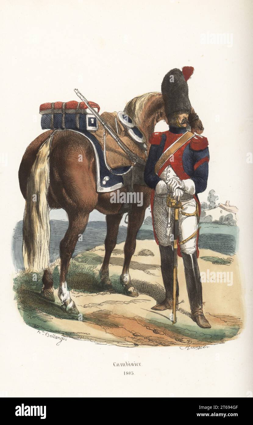 Uniform of the Carabiniers, French heavy cavalry regiment, 1805. Wearing a bearskin, blue coat with red epaulettes, white trousers, boots, armed with carbine and sword. Carabinier. Handcoloured woodcut by Francois Rouget after an illustration by Hippolyte Bellangé from P.M. Laurent de lArdeches Histoire de Napoleon, Paris, 1840. Stock Photo