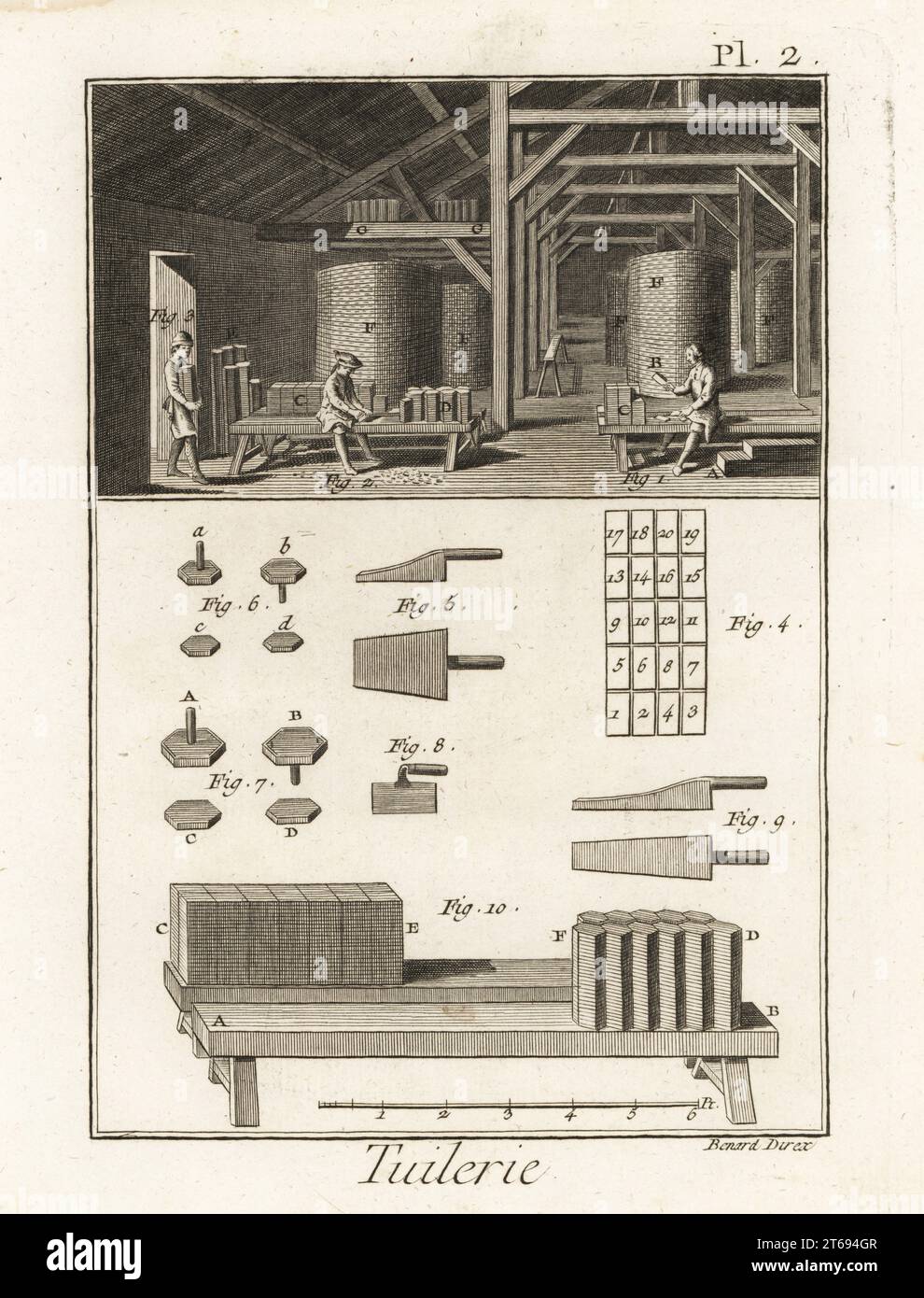 Workers trimming tiles in a roof-tile works in front of stacks of tiles ...