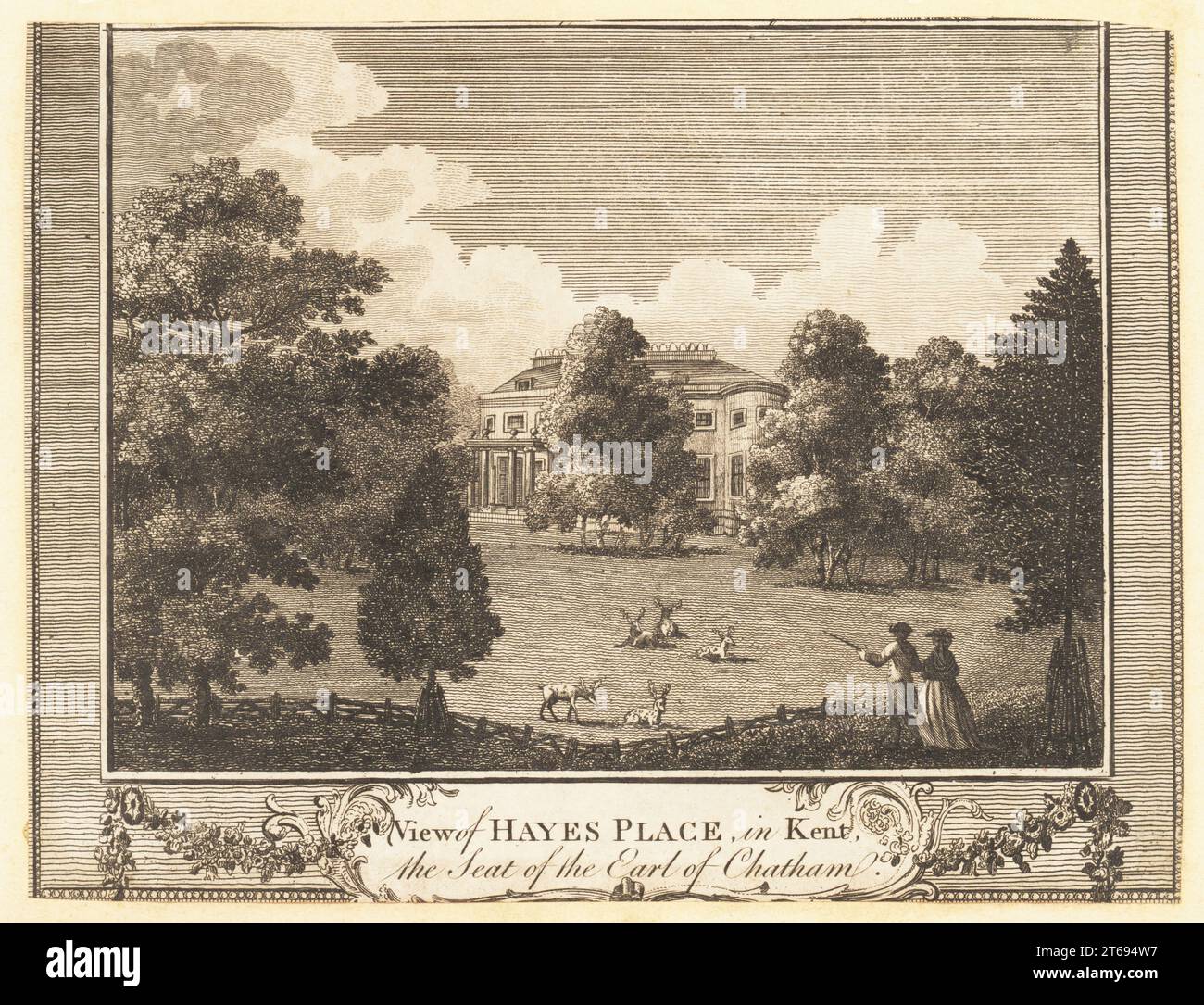 View of Hayes Place, Bromley, Kent, 18th century. Two figures looking at stags in the gardens. Georgian house built in 1754 for William Pitt, 1st Earl of Chatham, demolished in 1933. Copperplate engraving from William Thorntons New, Complete and Universal History of the City of London, Alexander Hogg, King's Arms, No. 16 Paternoster Row, London, 1784. Stock Photo