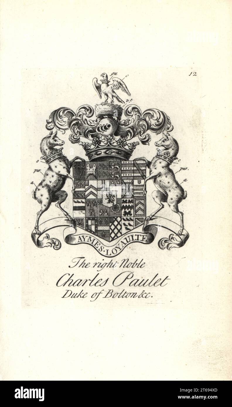 Coat of arms and crest of the right noble Charles Powlett, 3rd Duke of Bolton, 1685-1754. Copperplate engraving by Andrew Johnston after C. Gardiner from Notitia Anglicana, Shewing the Achievements of all the English Nobility, Andrew Johnson, the Strand, London, 1724. Stock Photo