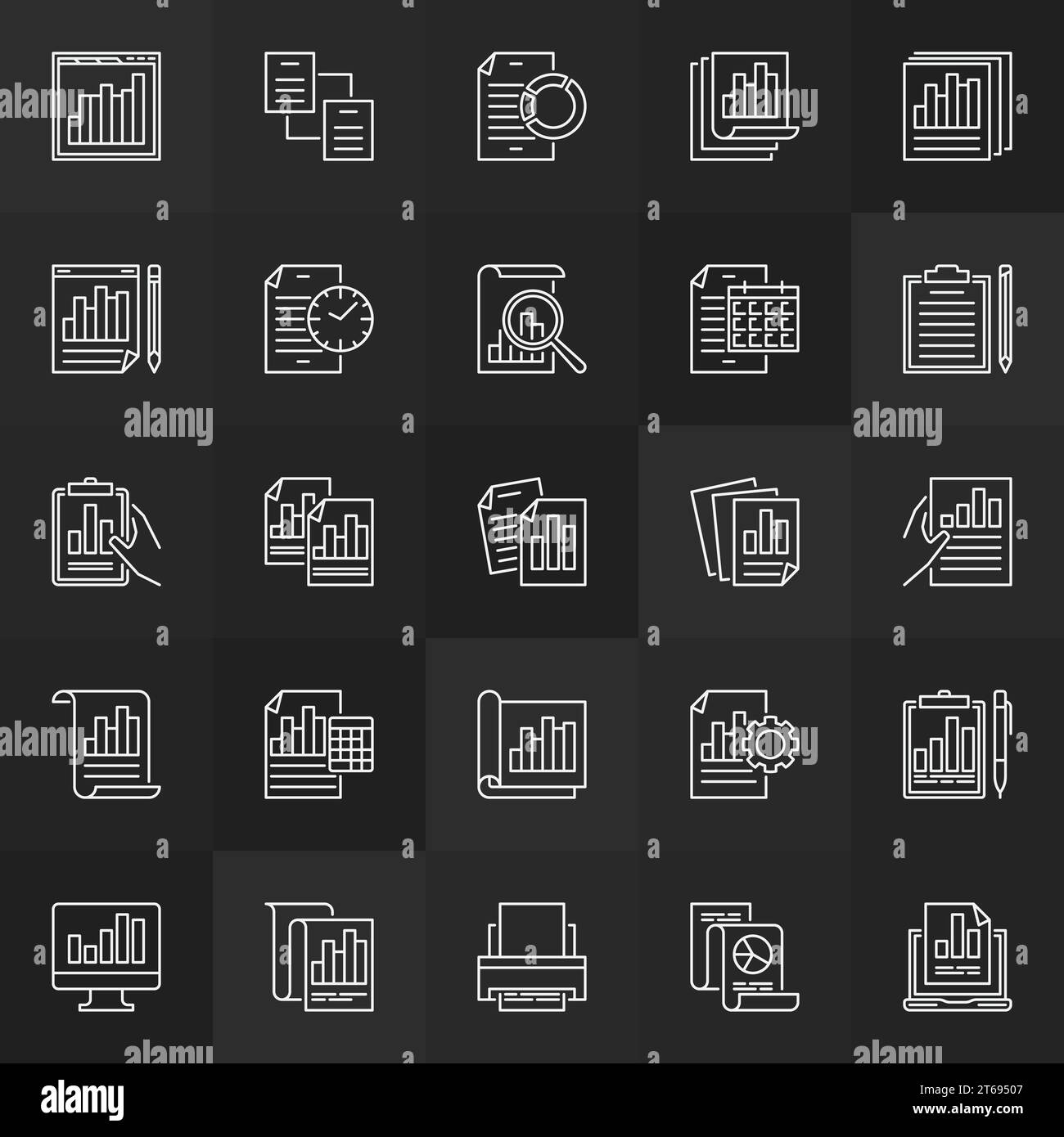 Business report linear icons set. Vector collection or documents and reports signs in thin line style on dark background Stock Vector