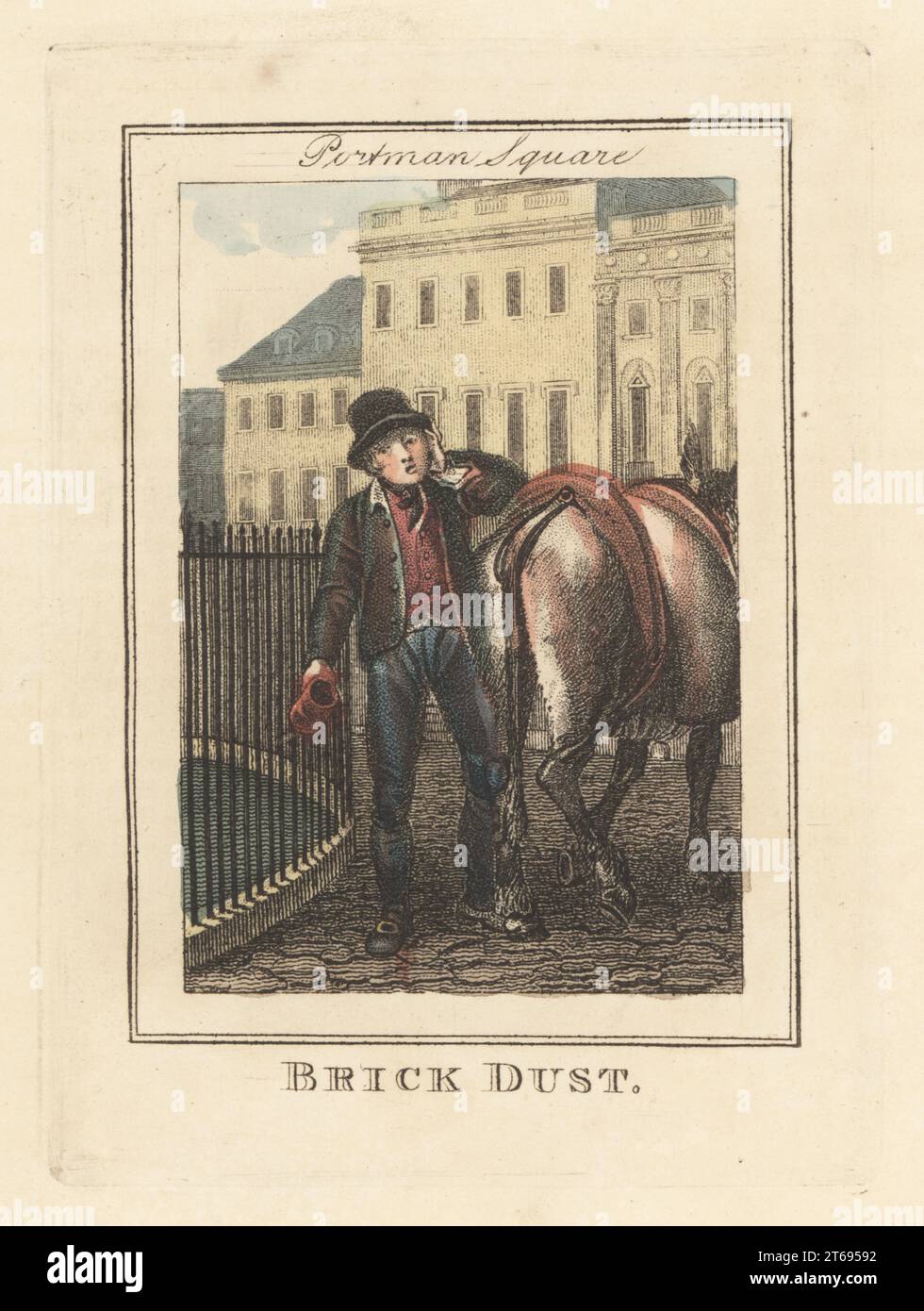 Brick-dust seller with donkey in Portman Square. In top hat, jacket, waistcoat, and breeches, with sack of brick dust used for knife-cleaning. In the background, houses of Blue Stockings Society salonist Lady Elizabeth Montagu, the Duke of Athol and Hamilton Nesbitt. Handcoloured copperplate engraving by Edward Edwards after an illustration by William Marshall Craig from Description of the Plates Representing the Itinerant Traders of London, Richard Phillips, No. 71 St Pauls Churchyard, London, 1805. Stock Photo
