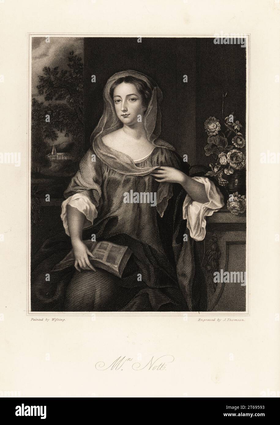 Portrait of Mrs Nott of Canterbury, nee Miss Stanley, d. 1711, one of three court beauties for Mary II, Princess of Orange. Seated, in veil, reading a book. Steel engraving by J. Thomson after a portrait by Willem Wissing from Mrs Anna Jamesons Memoirs of the Beauties of the Court of King Charles the Second, Henry Coburn, London, 1838. Stock Photo