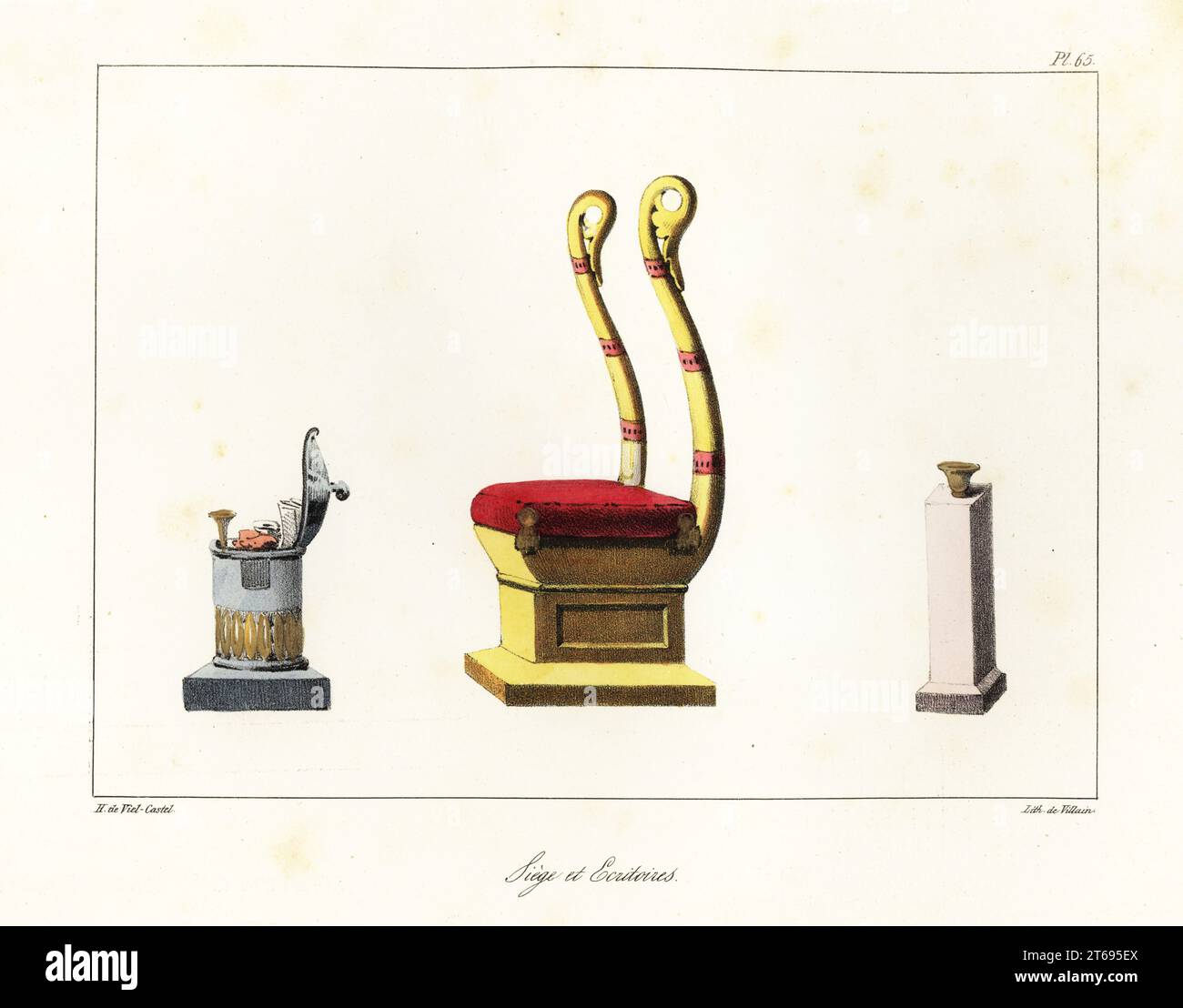 Chair with ornate carved back and cushion with tassels, and scriptorium ...