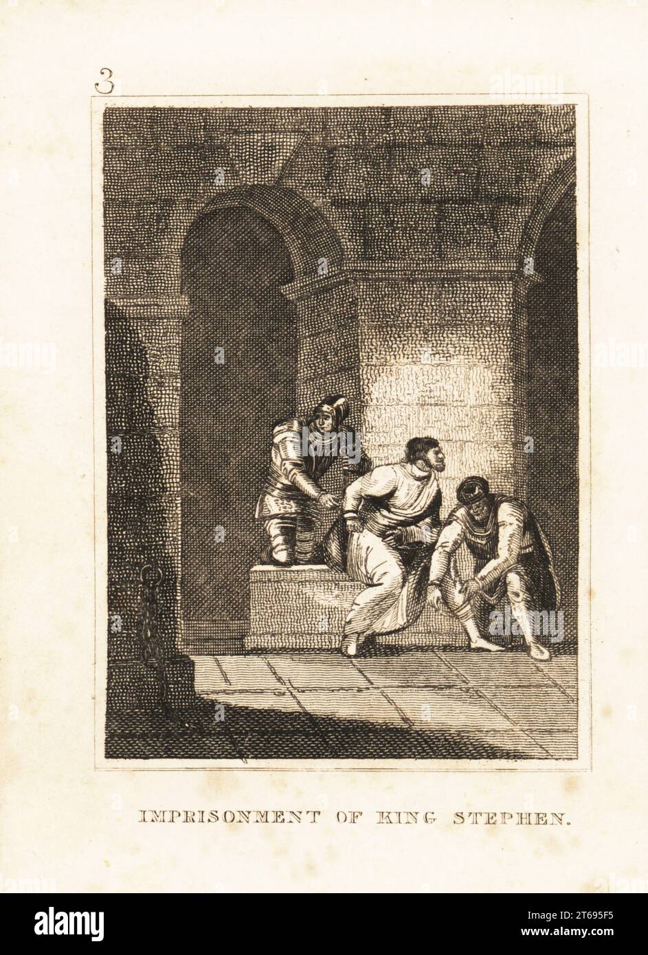 King Stephen in chains in a dungeon in Bristol Castle, 1141. He was captured by Robert Earl of Gloucester and Empress Matilda. Imprisonment of King Stephen. Copperplate engraving from M. A. Jones History of England from Julius Caesar to George IV, G. Virtue, 26 Ivy Lane, London, 1836. Stock Photo