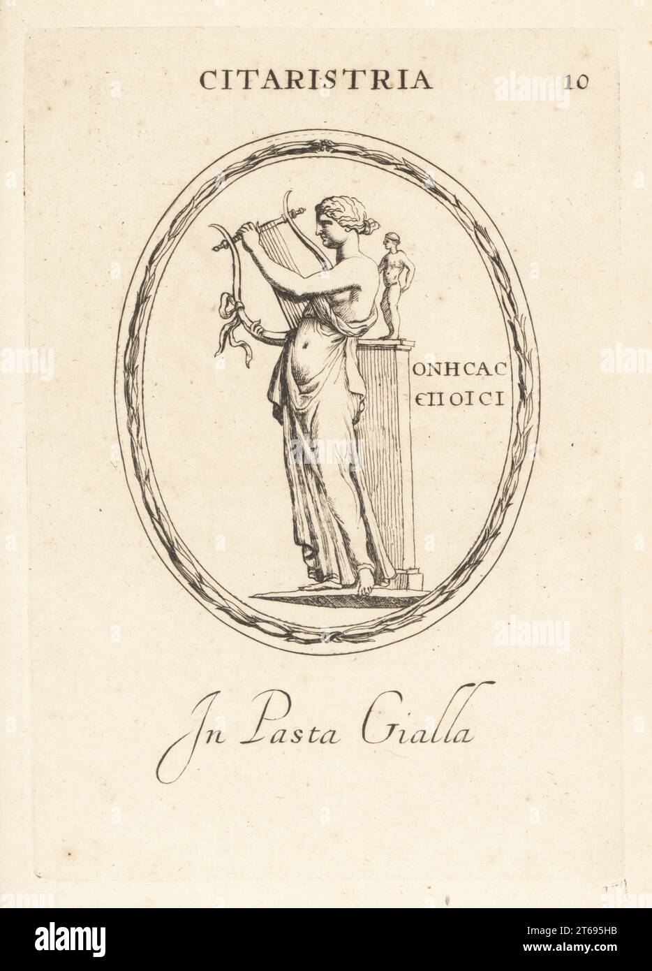 Woman cithara or zither player with statue on plinth. In yellow paste. Sappho, the poetess, was depicted on coins of Lesbo as a citharist. Citaristria in pasta gialla. Signed 'Onisa fecit.' Copperplate engraving by Giovanni Battista Galestruzzi after Leonardo Agostini from Gemmae et Sculpturae Antiquae Depicti ab Leonardo Augustino Senesi, Abraham Blooteling, Amsterdam, 1685. Stock Photo