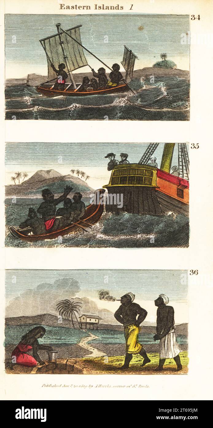 Historical views of the Eastern Islands (Indonesia). Natives of the Ladrones Islands (Marianas) sailing in a proa sailboat 34, Abba Thule, King of Koror in the Pelew Islands (Palau) asking a Spanish ship about his son Prince Lee Boo 35, and Sumatran priests smoking tobacco to summon rain 36. Handcoloured copperplate engraving from Rev. Isaac Taylors Scenes in Asia, for the Amusement and Instruction of Little Tarry-at-Home Travelers, John Harris, London, 1819. Stock Photo