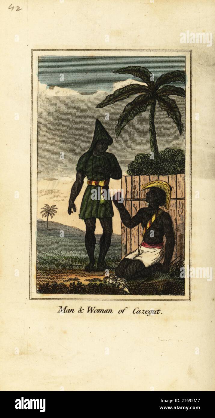 Bijogos man and woman of Cazegut (Bissagos Islands, Guinea Bissau, West Africa), 1818. Handcoloured copperplate engraving from Mary Anne Vennings A Geographical Present being Descriptions of the Principal Countries of the World, Darton, Harvey and Darton, London, 1818. Venning wrote educational books on geography, conchology and mineralogy in the early 19th century. Stock Photo