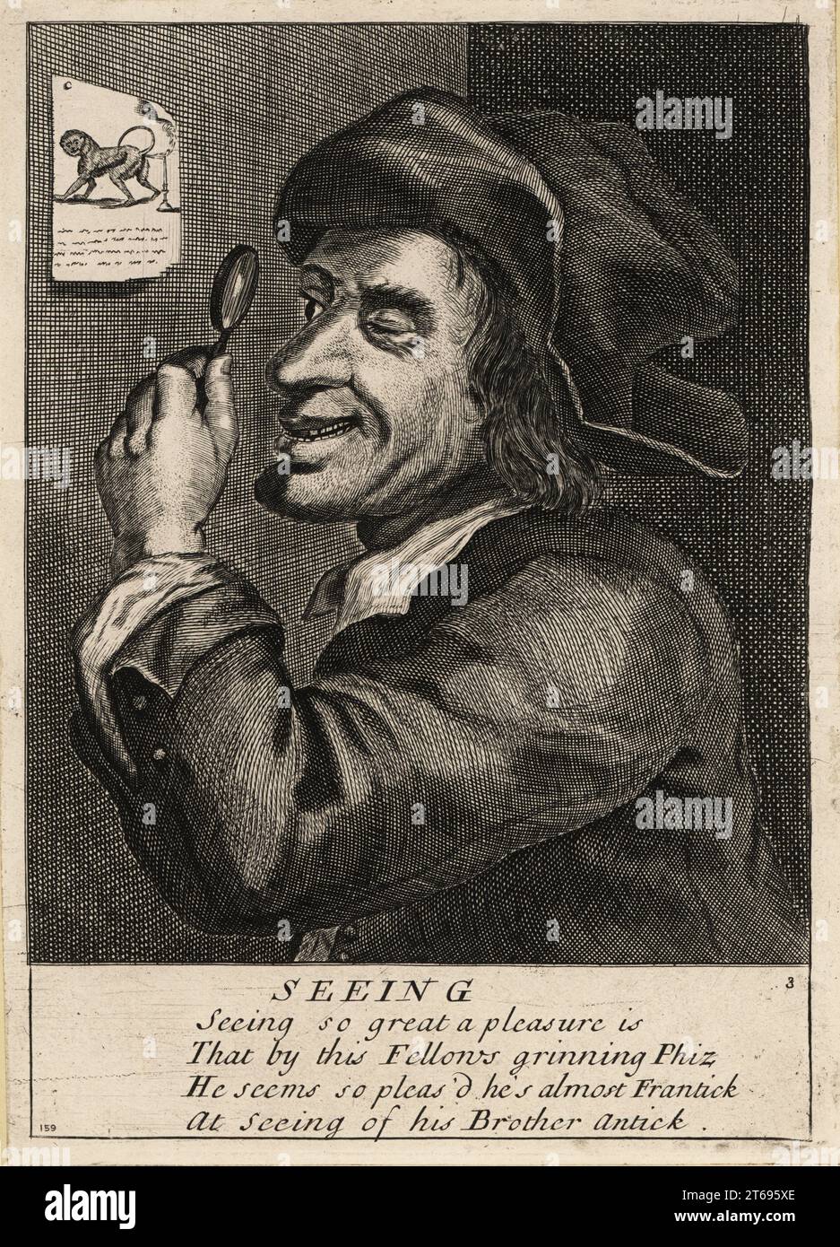17th century English man looking through a magnifying glass at an engraving of a monkey extinguishing a candle with a fart. Seeing. Seeing so great a pleasure is That by this fellows grinning phiz, He seems so pleas'd he's almost frantick At seeing of his brother antick. Possibly from an original print in The merry conceited five senses, Robert Walton, 1661. Copperplate engraving by David Deuchar from A Collection of Etchings after the most Eminent Masters of the Dutch and Flemish Schools, Edinburgh, 1803. Stock Photo