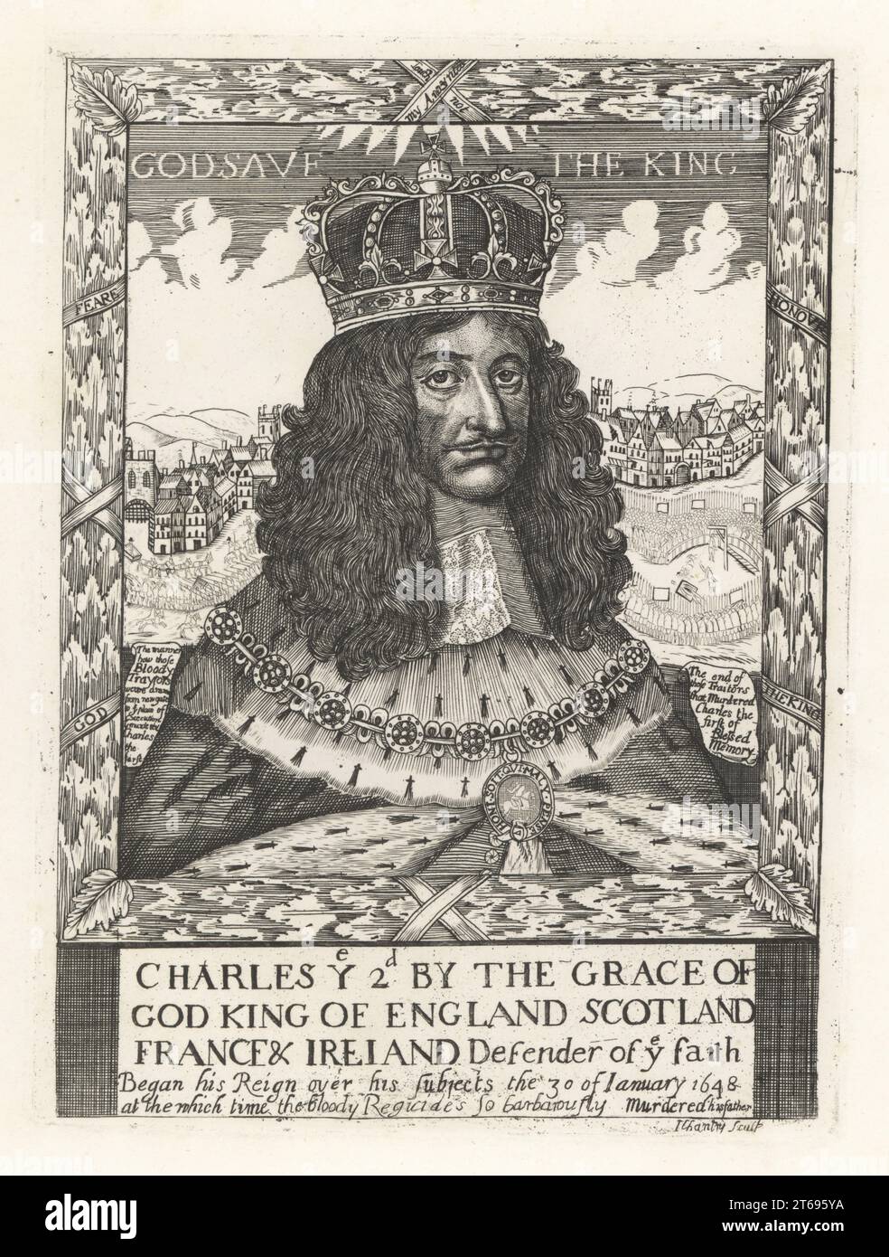 King Charles II of England, 1630-1685, with crown on his head, ermine mantle and collar of the Order of the Garter. View of the parade of the regicides of Charles I from Newgate to execution on Tower Hill in the background. Inscribed By the grace of God King of England, Scotland, France & Ireland. From a scarce and curious print by John Chantry. Copperplate engraving from Samuel Woodburns Gallery of Rare Portraits Consisting of Original Plates, George Jones, 102 St Martins Lane, London, 1816. Stock Photo