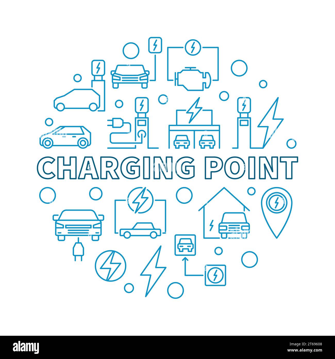 Charging point round vector blue illustration made with charging stations and electric cars outline icons Stock Vector
