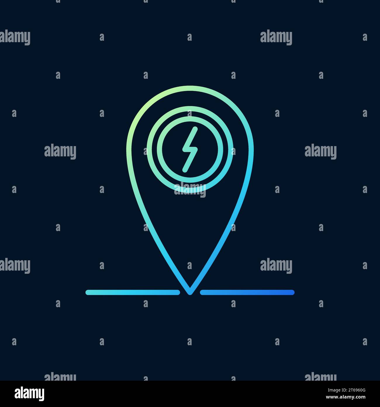 Map Pointer with lightning vector colored line icon. Power Electric Pointer symbol in thin line style on dark background Stock Vector