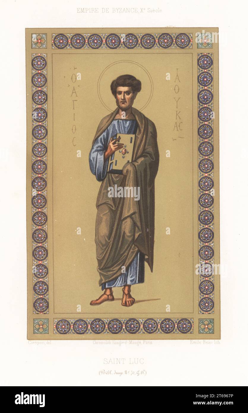 Saint Luke, Byzantine Empire, 10th century. In halo, blue tunic with gold clavus or stripe under a pallium, holding the Gospels. Saint Luc, Empire de Byzance, Xe Siecle. From MS 70 G, Bibliotheque Imperiale. Chromolithograph by Emile Beau after an illustration by Claudius Joseph Ciappori from Charles Louandres Les Arts Somptuaires, The Sumptuary Arts, Hangard-Mauge, Paris, 1858. Stock Photo