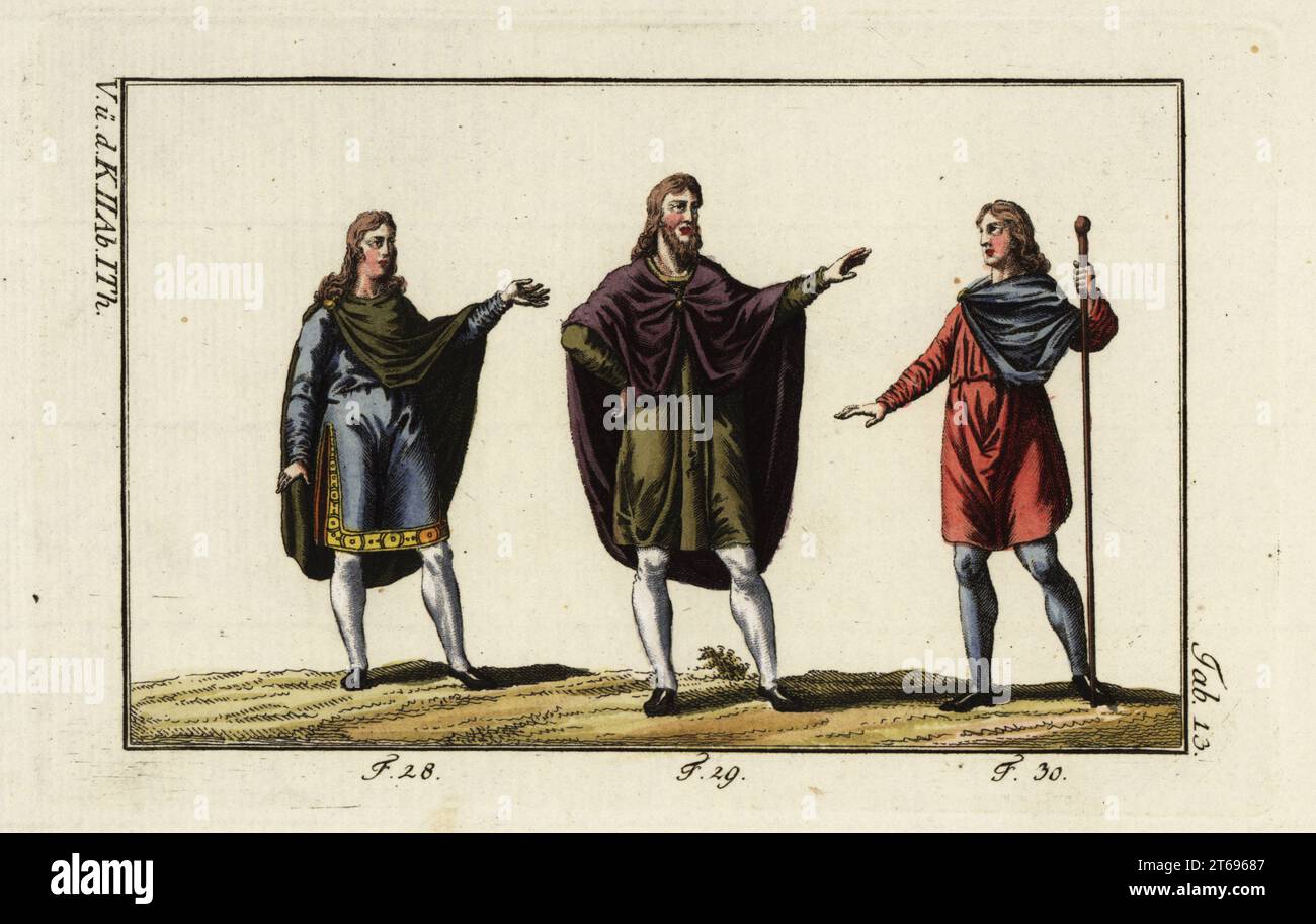 Anglo Saxon men wearing mantles over tunic and stockings. Various ways of wearing a mantle fastened at the shoulder 28, or throat 29, and a youth wearing a short mantle over tunica 30. Handcolored copperplate engraving from Robert von Spalart's Historical Picture of the Costumes of the Principal People of Antiquity and Middle Ages, Vienna, 1796. Stock Photo