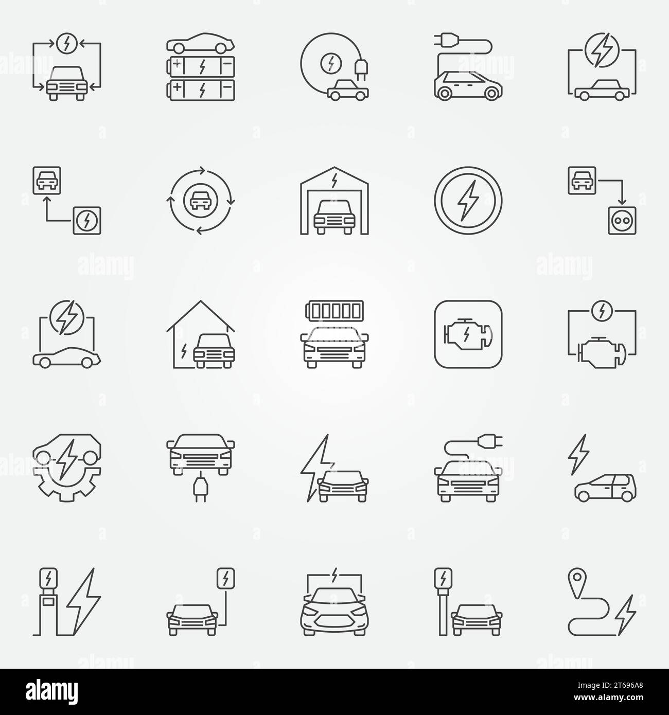 Electric vehicle outline icons set. Vector all-electric car and electric recharging point concept symbols in thin line style Stock Vector