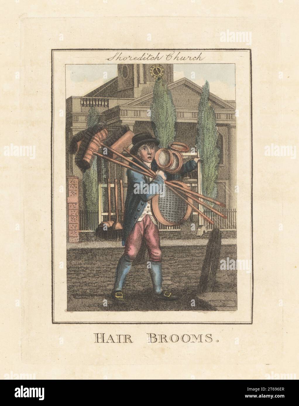 Broom seller in front of Shoreditch Church. In hat, coat, waistcoat and breeches, buckle shoes, with horse-hair brooms, brushes, wooden sieves and bowls. St Leonard's Church, Shoreditch, with its poplar trees. Handcoloured copperplate engraving by Edward Edwards after an illustration by William Marshall Craig from Description of the Plates Representing the Itinerant Traders of London, Richard Phillips, No. 71 St Pauls Churchyard, London, 1805. Stock Photo