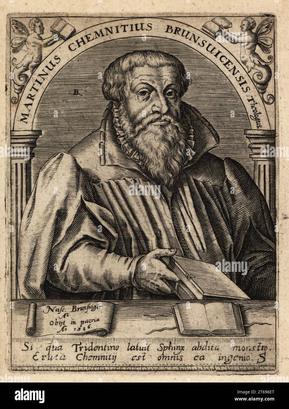 Martin Chemnitz, 1522-1586, German Evangelical Lutheran, Christian theologian, Protestant reformer, churchman and confessor. Martinus Chemnitius Brunsuicensis Theologus. Copperplate engraving by Johann Theodore de Bry from Jean-Jacques Boissards Bibliotheca Chalcographica, Johann Ammonius, Frankfurt, 1650. Stock Photo