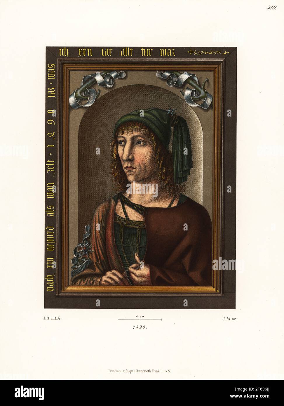 Portrait of a 22-year-old German nobleman in oils from 1490. Painted by the famous master of the Swabian school Bartholomaus Zeitblom. Chromolithograph from Hefner-Alteneck's Costumes, Artworks and Appliances from the Middle Ages to the 17th Century, Frankfurt, 1889. Illustration by Dr. Jakob Heinrich von Hefner-Alteneck, lithographed by J.M. Dr. Hefner-Alteneck (1811 - 1903) was a German museum curator, archaeologist, art historian, illustrator and etcher. Stock Photo