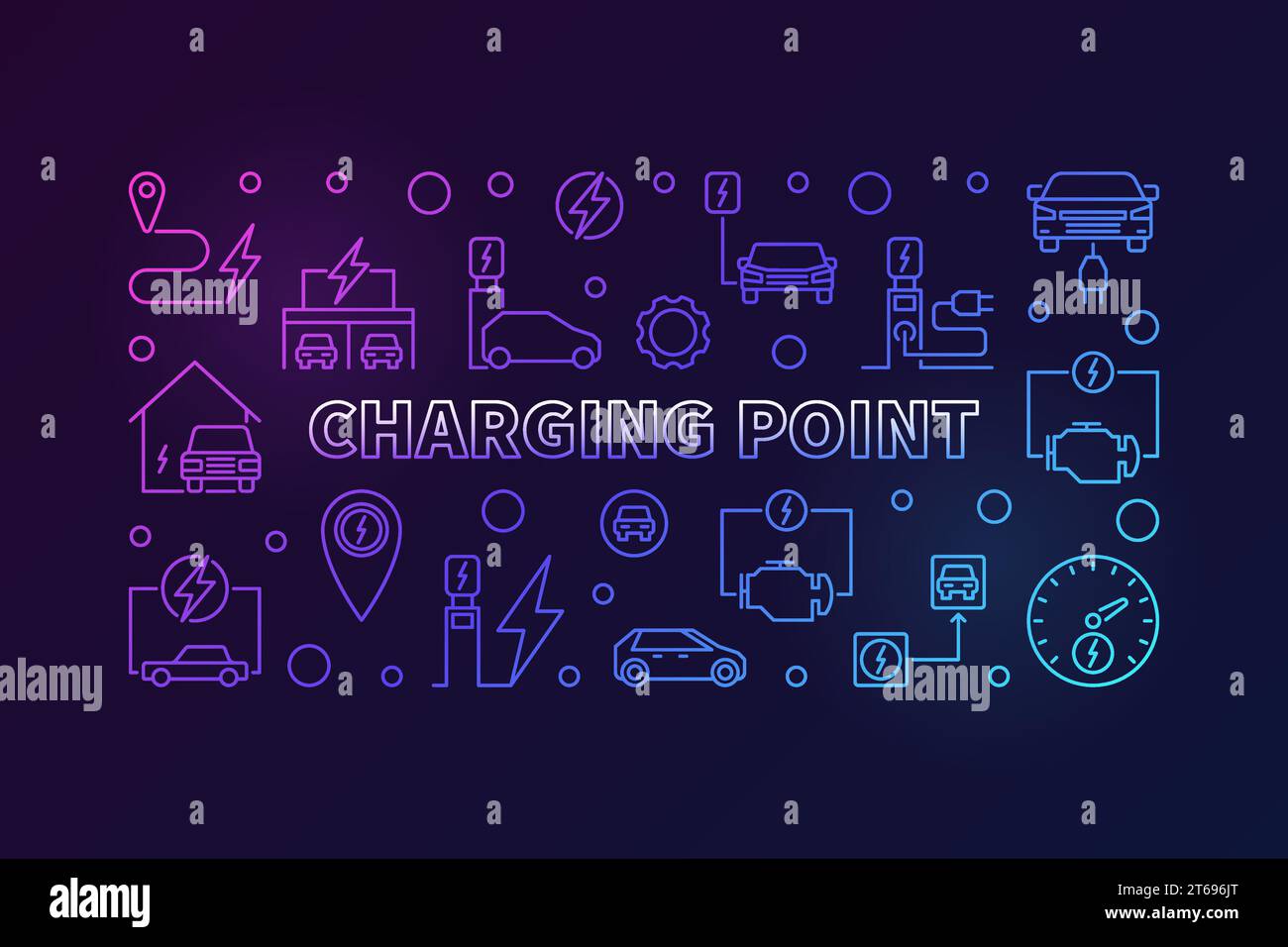 Charging point colored linear illustration - vector EV charge point concept horizontal banner on dark background Stock Vector