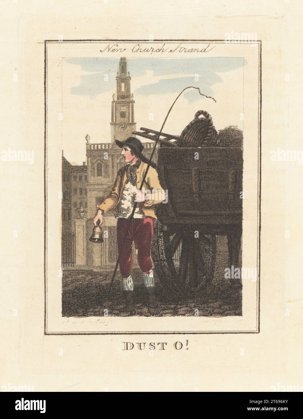 Dustman with dust cart in front of New Church Strand. In hat, jacket, waistcoat, breeches and boots, holding a bell and whip. Wagon loaded with broken ladder, basket, and other rubbish. In front of St Mary le Strand Church. Handcoloured copperplate engraving by Edward Edwards after an illustration by William Marshall Craig from Description of the Plates Representing the Itinerant Traders of London, Richard Phillips, No. 71 St Pauls Churchyard, London, 1805. Stock Photo