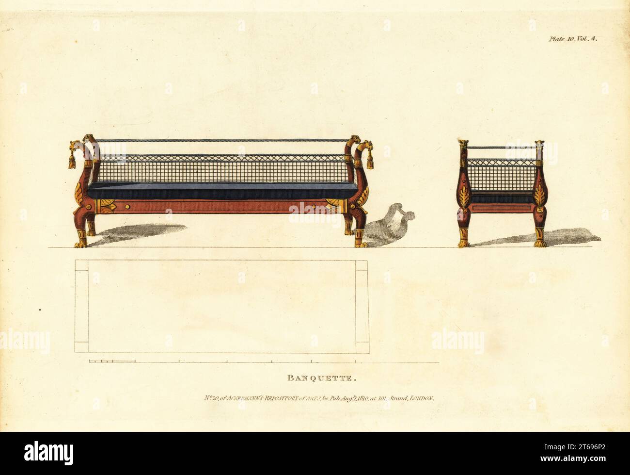 Banquette, 1810. Sofa and chair banquetees in mahogany and brass, with French-stuffed seat covered in morocco leather, back in lattice or trellis work. Handcoloured copperplate engraving from The Upholsterer's and Cabinet-Maker's Repository consisting of seventy-six designs of modern and fashionable furniture, Rudolph Ackermann, London, 1830. Stock Photo