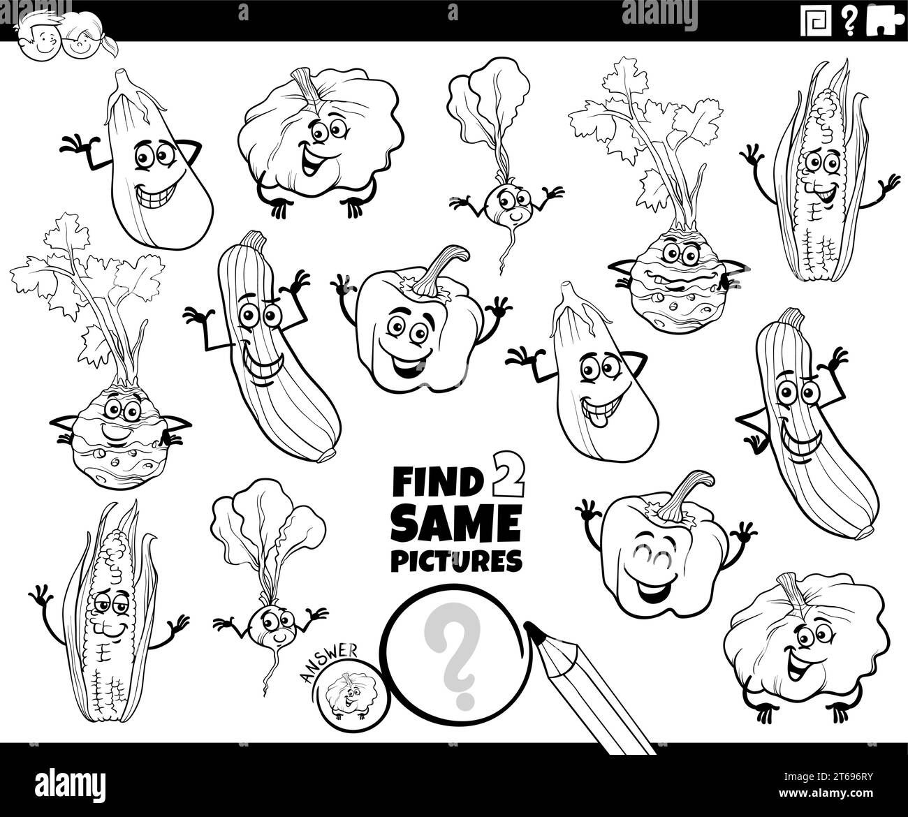 Cartoon illustration of finding two same pictures educational activity with vegetable characters coloring page Stock Vector