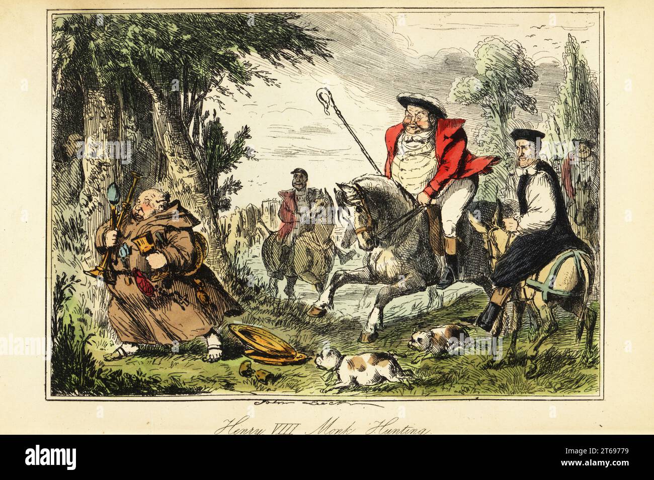 King Henry VIII in Victorian hunting outfit with a shepherds crook on horseback chasing a Catholic monk fleeing with the church gold. Parody of the Dissolution of the Monasteries, circa 1540. Henry hunted in the Epping Forest. Henry VIII monk-hunting. Handcoloured steel engraving after an illustration by John Leech from Gilbert Abbott ABecketts Comic History of England, Bradbury, Agnew & Co., London, 1880. Stock Photo