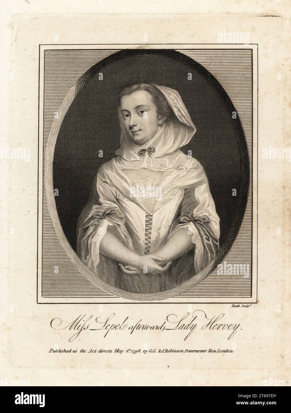 Mary Lepell (1700-1768), courtier to King George I, a famous beauty and conversationalist. Married John Hervey, 2nd Baron Hervey of Ickworth in 1720. Miss Lepel afterwards Lady Hervey. Copperplate engraving by James Heath after a painting by published by G.G. and J. Robinson, Paternoster Row, London, 1798. Stock Photo