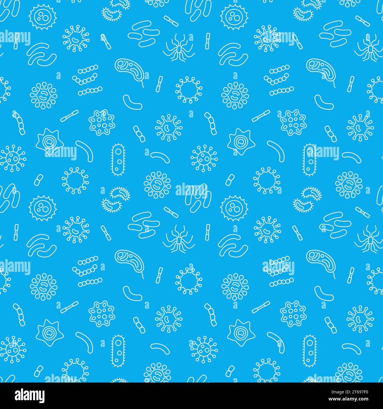Seamless vector pattern with outline bacteria icons on blue background Stock Vector