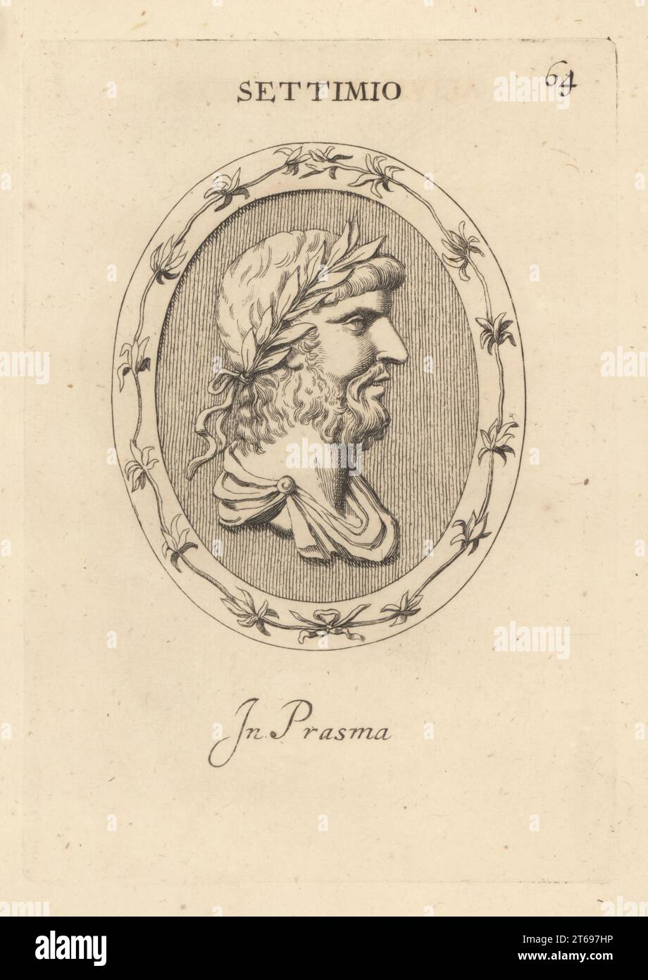 Bust of Lucius Septimius Severus, 145 211, Roman emperor from 193 to 211. In plasma. Settimio. In prasma. Copperplate engraving by Giovanni Battista Galestruzzi after Leonardo Agostini from Gemmae et Sculpturae Antiquae Depicti ab Leonardo Augustino Senesi, Abraham Blooteling, Amsterdam, 1685. Stock Photo