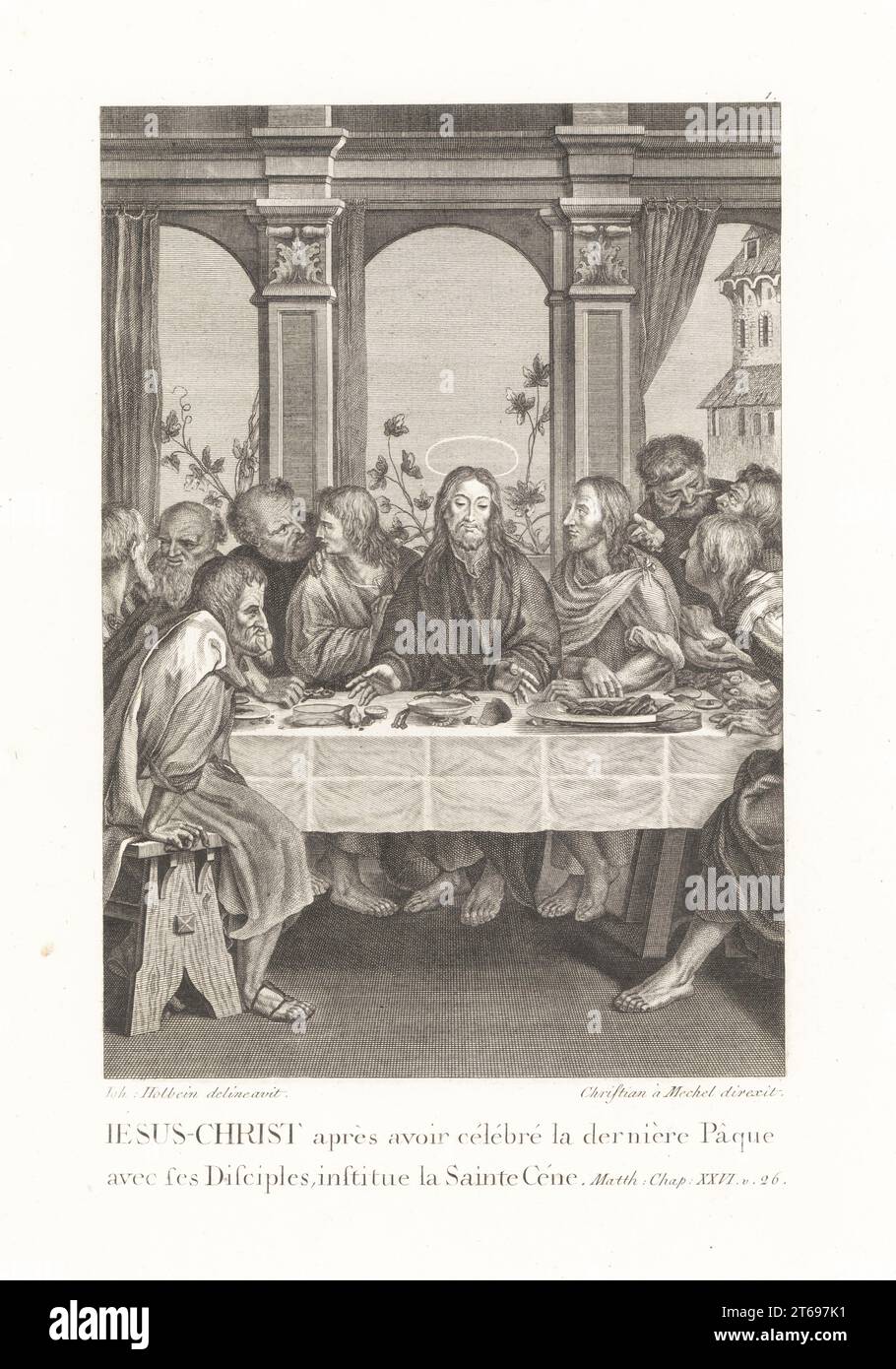 Jesus Christ and the apostles at the Last Supper. Jesus-Christ apres avoir celebre la derniere Paque ave ces Disciples. Matthew XXVI v. 26. From Le Passion de Notre Seigneur, The Passion of our Lord, 1784. Copperplate engraving by Christian Mechel after Hans Holbein in Christian von Mechel's Oeuvre de Jean Holbein, Chez Guillaume Haas, Basel, 1784. Stock Photo